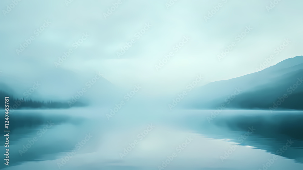 Ethereal landscape with soft, white fog rolling over a serene lake at dawn, peaceful, atmosphere. Ethereal Fog & Mist. Illustration Ethereal landscape with soft, white fog rolling over a serene lake at dawn, peaceful, atmosphere. Ethereal Fog & Mist. Illustration