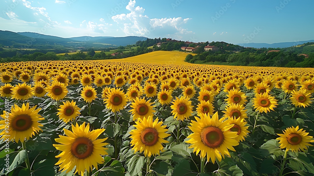 Obraz premium Sunflowers blooming hillside village summer