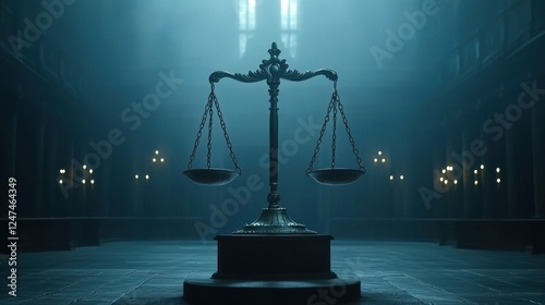 Scales of Justice in Gothic Hall, Mystical Light, Legal Concept photo