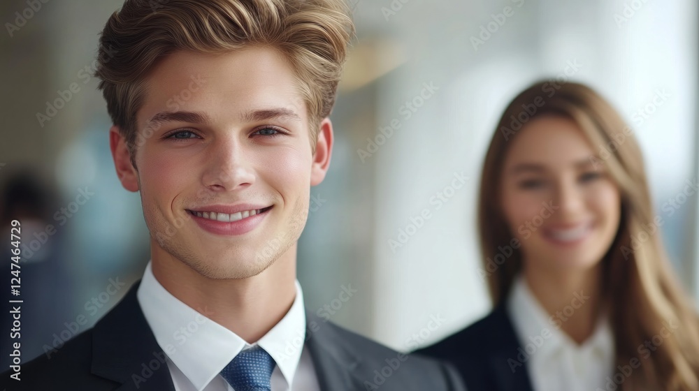 Smiling businessman, colleague blurred background, office, success Smiling businessman, colleague blurred background, office, success