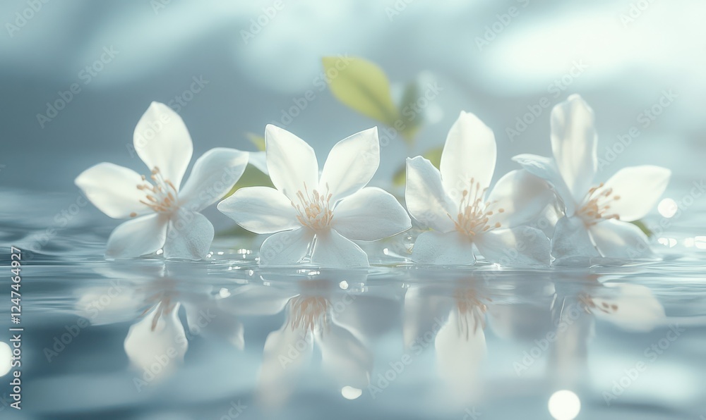 Fototapeta premium Soft petals of white jasmine flowers arranged delicately, their sweet fragrance captured in a serene natural composition