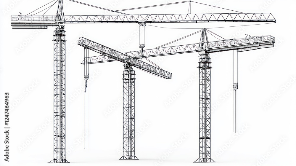 Fototapeta premium Three construction cranes on white background, ready for building, industrial project