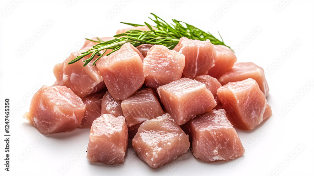 Cubes of diced raw turkey fillet are neatly arranged. Cubes of diced raw turkey fillet are neatly arranged.