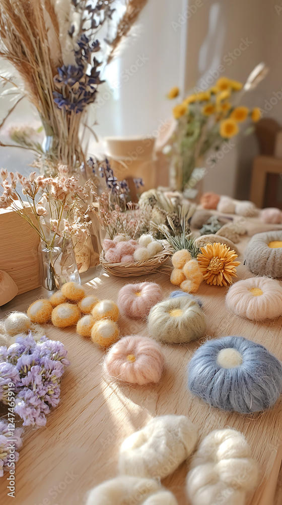 Handmade wool sculptures in cozy workshop, surrounded by dried flowers Handmade wool sculptures in cozy workshop, surrounded by dried flowers