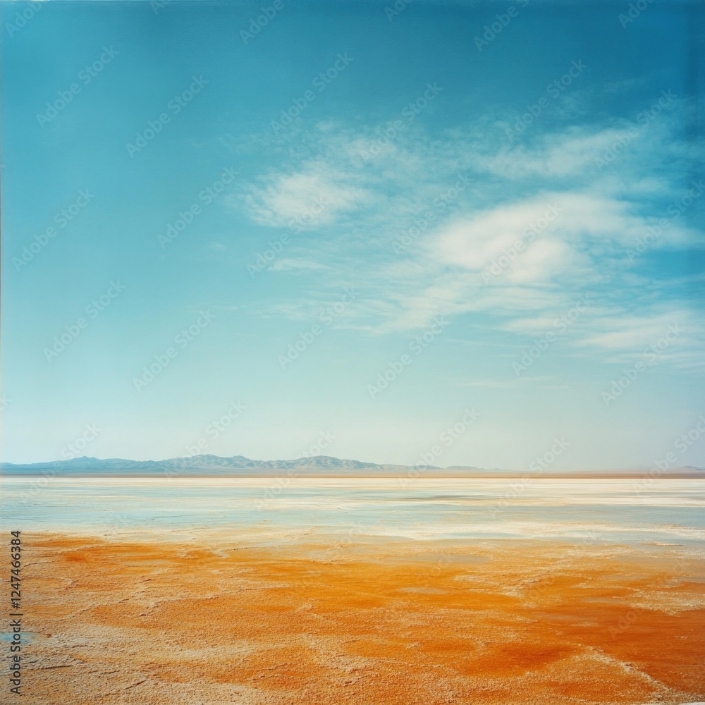 Expansive desert landscape with blue sky and distant mountain range Expansive desert landscape with blue sky and distant mountain range