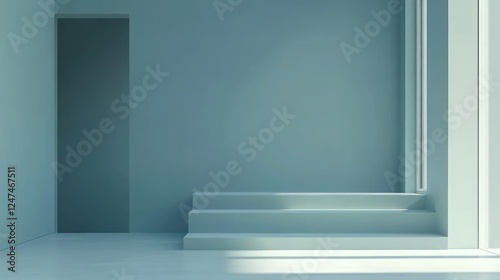 Minimalist blue room interior, steps, sunlight, product display