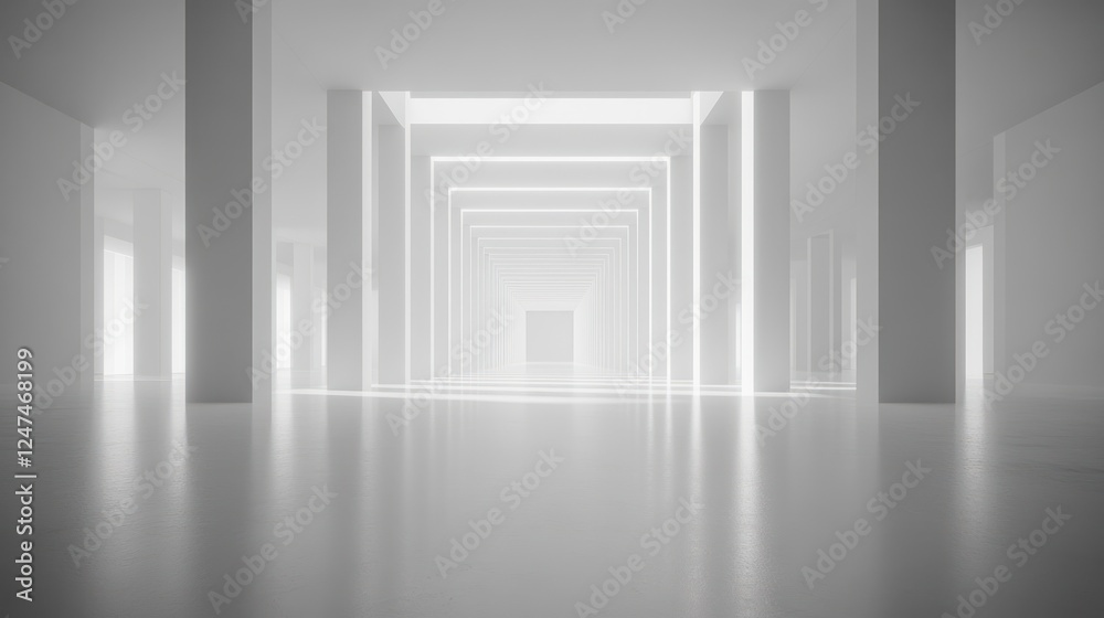 Fototapeta premium Bright, futuristic hallway; glowing white; architectural; presentation background