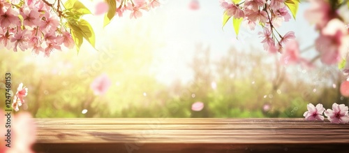 Spring Blossom Background with Wooden Table for Product Display and Presentation