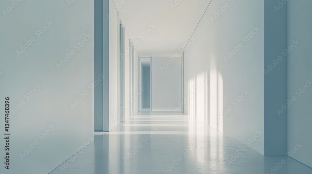 Fototapeta premium Sunlit Minimalist Corridor, Modern Building Interior, Architectural Design, Empty Space, Background Light