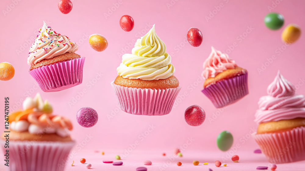 An array of sweet cupcakes and candies floats in the air against a pink background, creating a whimsical scene. An array of sweet cupcakes and candies floats in the air against a pink background, creating a whimsical scene.