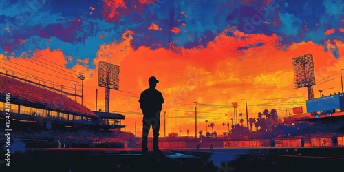 Silhouette of a man stands on a baseball field at sunset photo