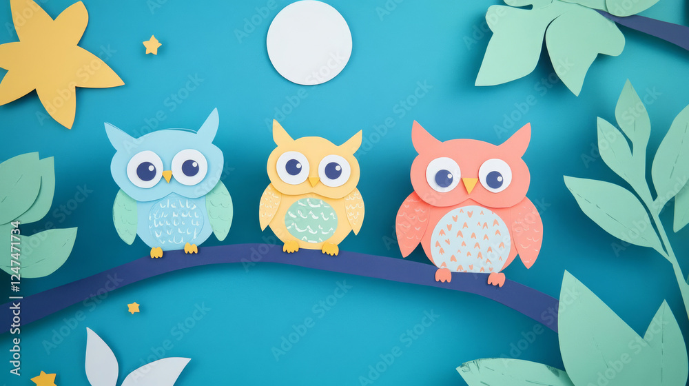 Fototapeta premium Colorful paper owls on branch with leaves and stars in whimsical scene