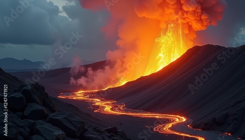 Volcanic Eruption Landscape: Molten Lava Plume and Cloudy Sky photo