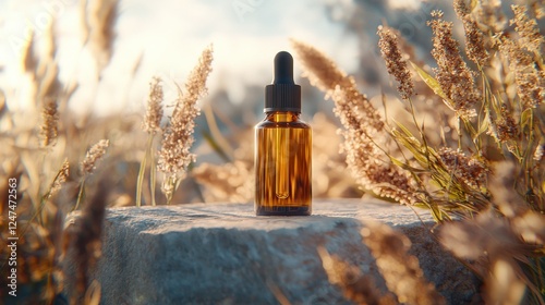 Amber bottle essential oil, sunset field, natural