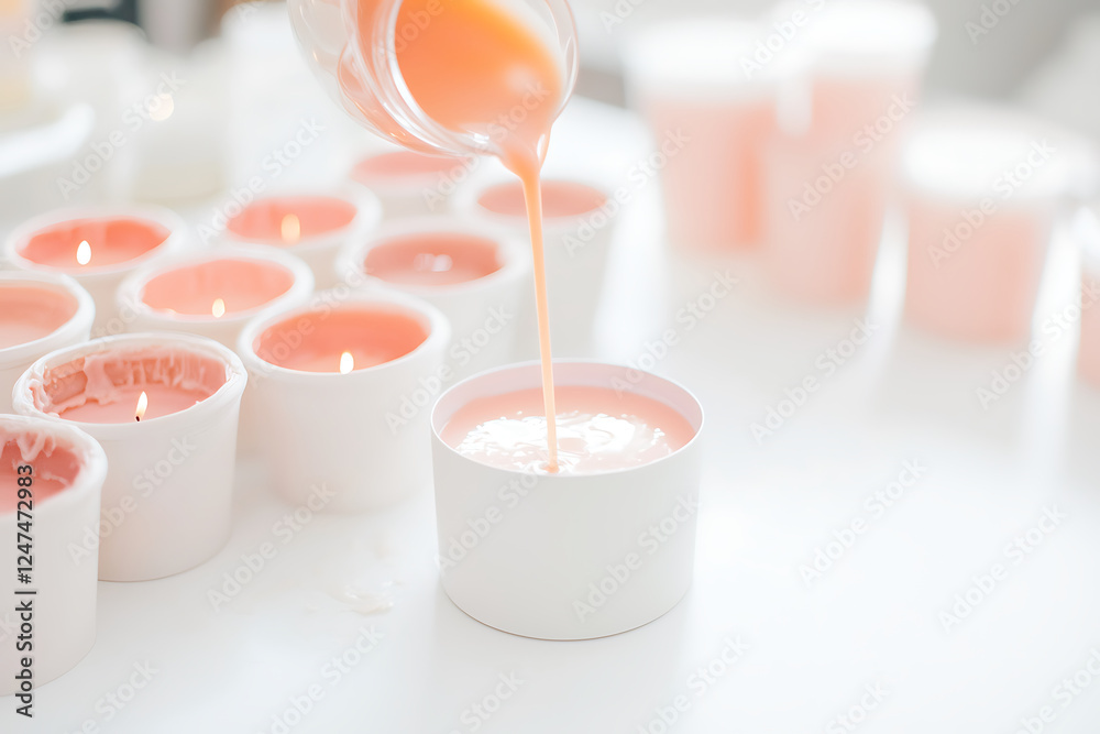 Pouring soy wax into white container during candle making workshop, creating beautiful pink candles Pouring soy wax into white container during candle making workshop, creating beautiful pink candles