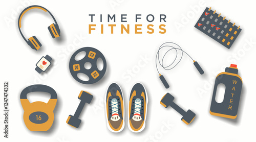 The concept of fitness training with gym equipment and equipment. Banners of fitness, exercise, bulking, and healthy lifestyle. Simple and elegant vector illustration