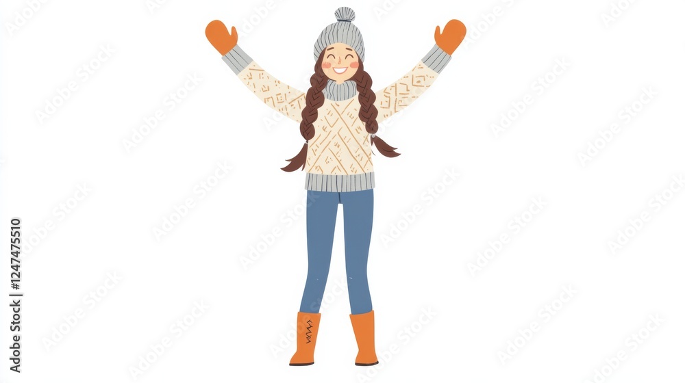 Animated joyful girl in winter attire, with braided hair and arms raised in a welcoming pose Animated joyful girl in winter attire, with braided hair and arms raised in a welcoming pose