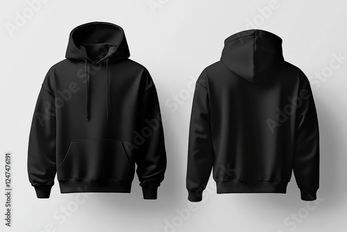 Black hoodie mockup featuring front and back views in a studio setting with detailed stitching and thick fabric texture, isolated on gray background