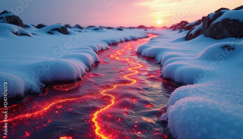 Breathtaking Winter Sunset Over SnowCovered River Landscape photo