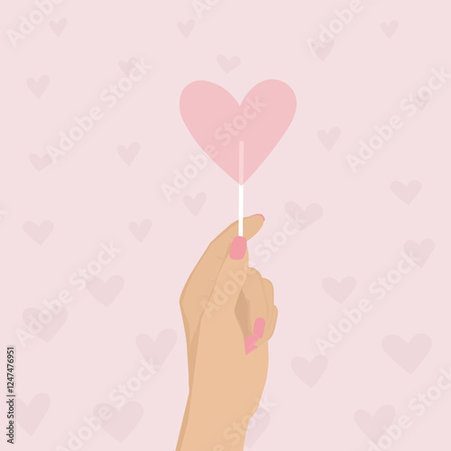 Heart lollipop in hand on a pink background with hearts vector illustration