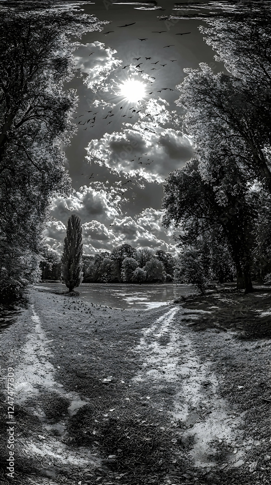 Obraz premium Birds circling sunny sky above park path, infrared view