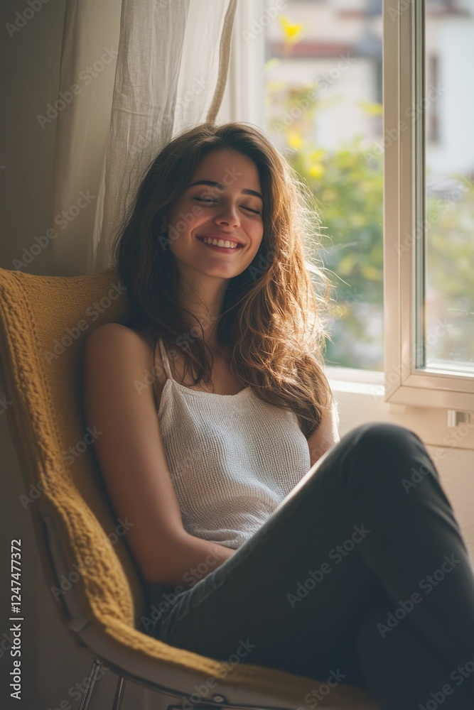 Obraz premium Relaxed Female Sitting by Window