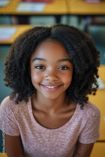 Smiling Girl Portrait with School Desk Background