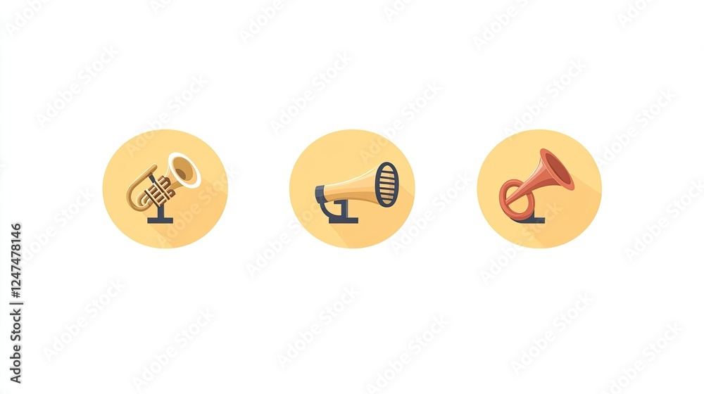 Three flat design icons of musical instruments a tuba, a megaphone, and a horn. Three flat design icons of musical instruments a tuba, a megaphone, and a horn.