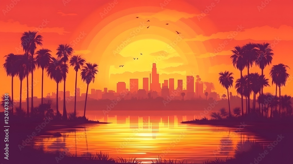 Fototapeta premium An orange sunrise over the city of Los Angeles 