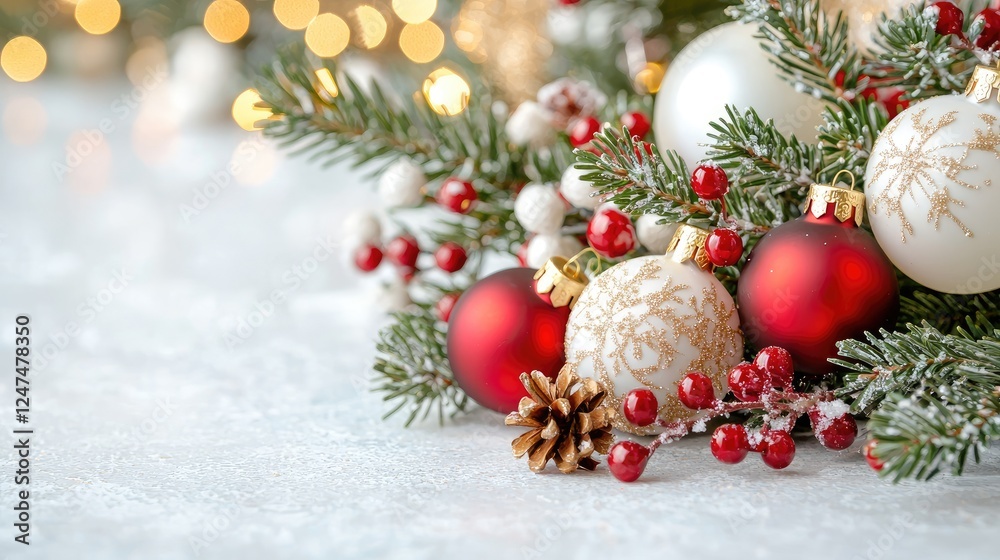 Festive Christmas ornaments, pine, berries, bokeh background. Holiday greeting card Festive Christmas ornaments, pine, berries, bokeh background. Holiday greeting card
