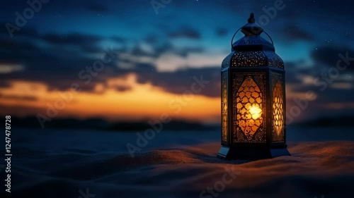Ramadan lantern on sand against starry sunset sky. Empty space for text on the left
