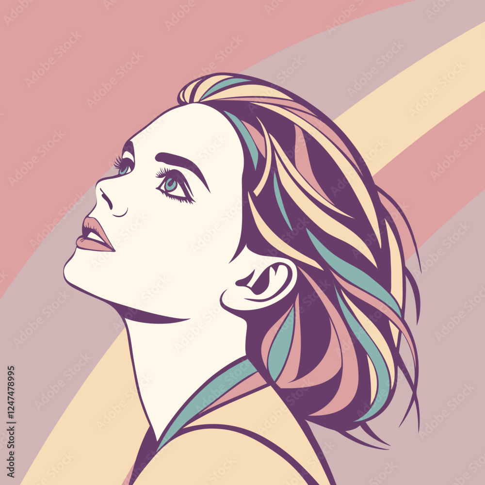 Portrait of a beautiful woman. Elegant female profile in pastel colors. Flat illustration in retro style. Portrait of a beautiful woman. Elegant female profile in pastel colors. Flat illustration in retro style.