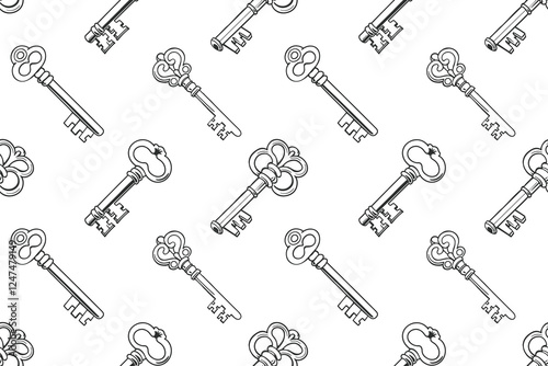 Seamless pattern with vintage keys. Retro background, black and white illustration.