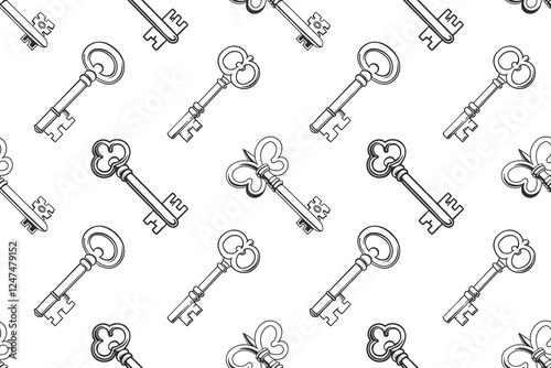 Seamless pattern with vintage keys. Retro background, black and white illustration.