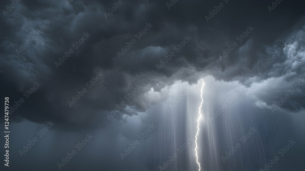 Lightning strike through storm clouds, dramatic sky, nature background, weather phenomenon Lightning strike through storm clouds, dramatic sky, nature background, weather phenomenon