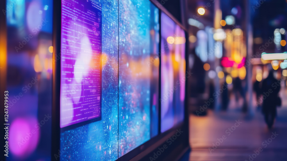 vibrant digital billboard illuminated at night, showcasing colorful graphics and data. urban setting features blurred figures walking by, creating lively atmosphere