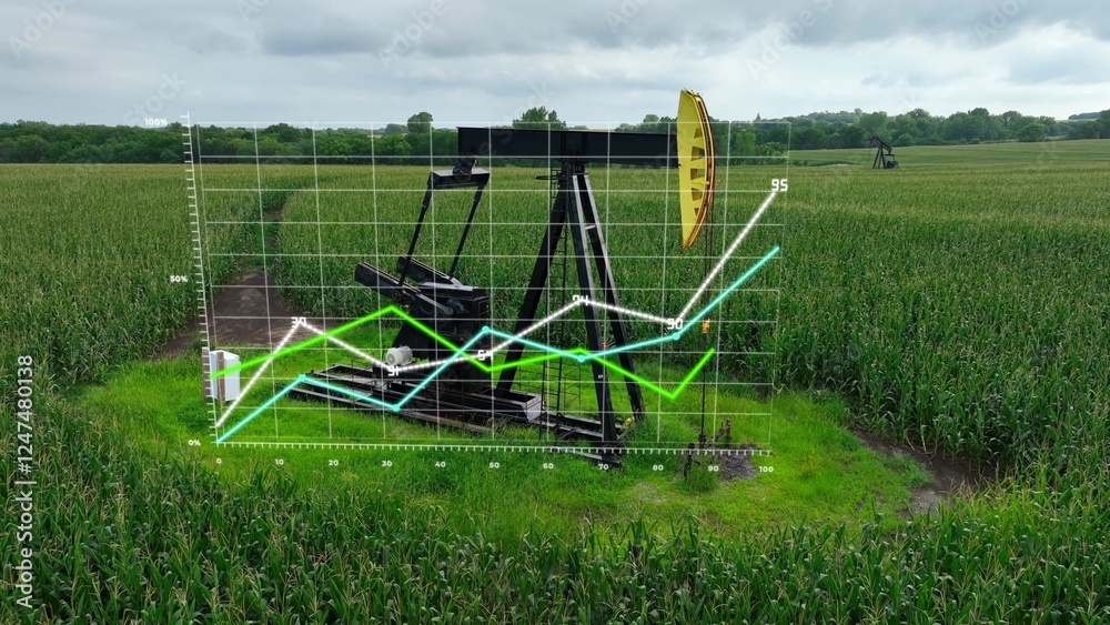 Oil drilling pump with a futuristic 3D graph of industry progress Oil drilling pump with a futuristic 3D graph of industry progress