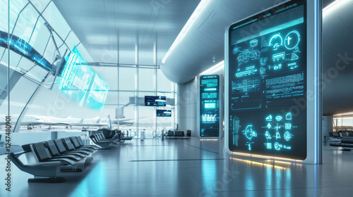 futuristic airport interior featuring IoT screens displaying flight information and digital interfaces. sleek design and advanced technology create modern travel experience