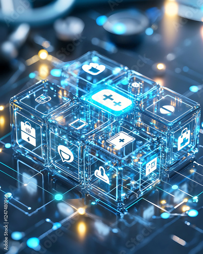 cloud based medical system showcasing encryption and digital health icons, symbolizing innovation and security in healthcare technology