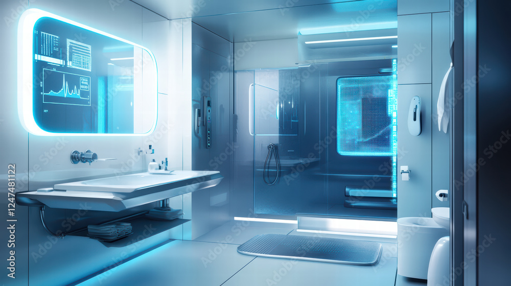 futuristic bathroom featuring smart mirrors, automated shower, and sleek design. space is illuminated with blue lighting, showcasing advanced technology and modern aesthetics futuristic bathroom featuring smart mirrors, automated shower, and sleek design. space is illuminated with blue lighting, showcasing advanced technology and modern aesthetics