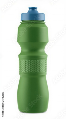 A green water bottle with a blue cap
