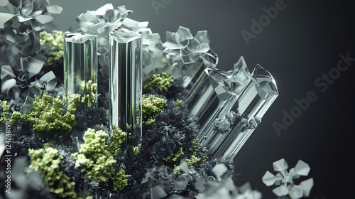 Innovative synthesis of nanomachine plants with crystalline metallic structures in a synthetic ecosystem for futuristic urban environments. Hybrid Environments. Illustration photo