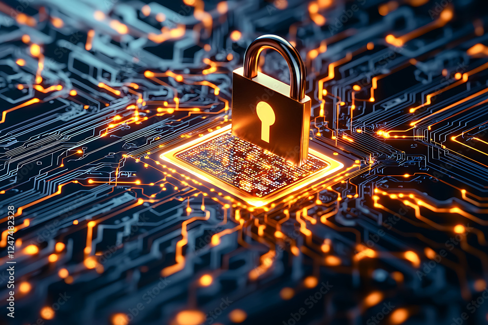 digital padlock symbolizing cybersecurity on circuit board background, representing data protection and technology digital padlock symbolizing cybersecurity on circuit board background, representing data protection and technology