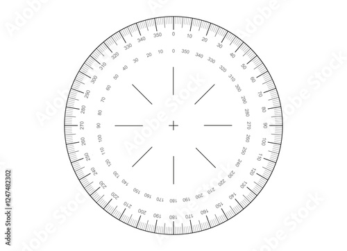 Protractor with degree markings from 0 to 360, ideal for technical drawings and geometry. PNG