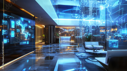 futuristic hotel lobby featuring IoT devices, sleek furniture, and digital displays creates innovative atmosphere. modern design enhances guest experience and comfort