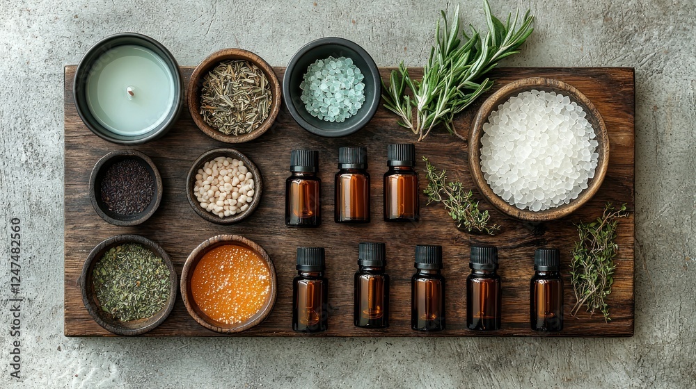 Aromatic bath salts, herbs, oils on wood. Spa relaxation Aromatic bath salts, herbs, oils on wood. Spa relaxation