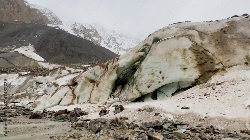 The Tseysky glacier, one of the largest in the Caucasus. The glacier is located in the Tsey Gorge. The valley glacier is fed by the snows of the northern part of Mount Adai-Hoh. 4К The Tseysky glacier, one of the largest in the Caucasus. The glacier is located in the Tsey Gorge. The valley glacier is fed by the snows of the northern part of Mount Adai-Hoh. 4К