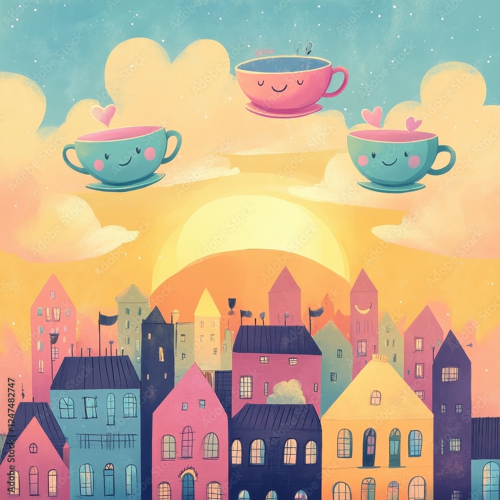 Fototapeta premium Three cheerful teacups float above a whimsical colorful cityscape
