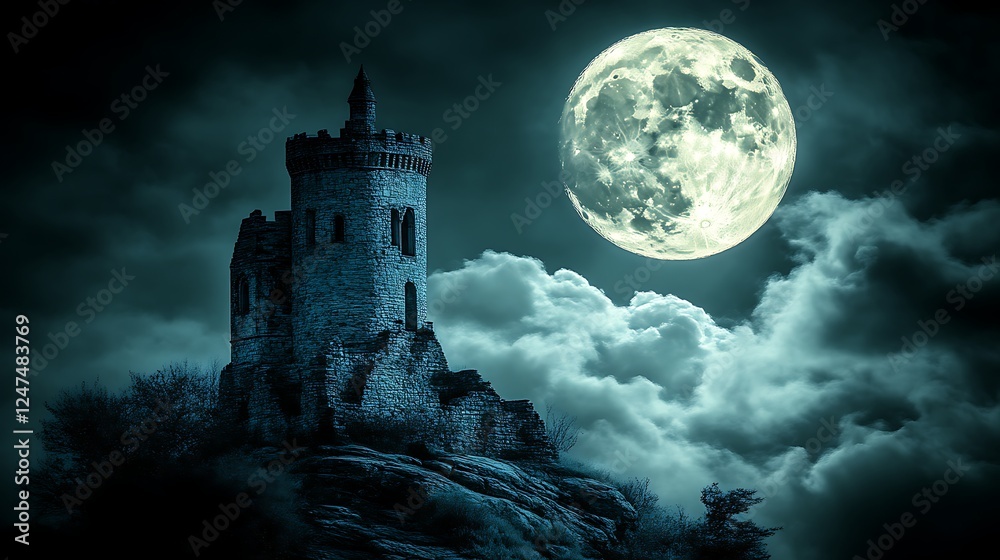 Ancient Stone Tower Under a Full Moon at Night Ancient Stone Tower Under a Full Moon at Night