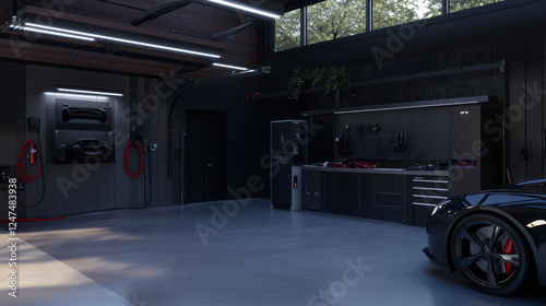 modern garage featuring smart charging stations, sleek cabinetry, and polished floor. space is well lit, showcasing high tech environment for vehicle maintenance and storage